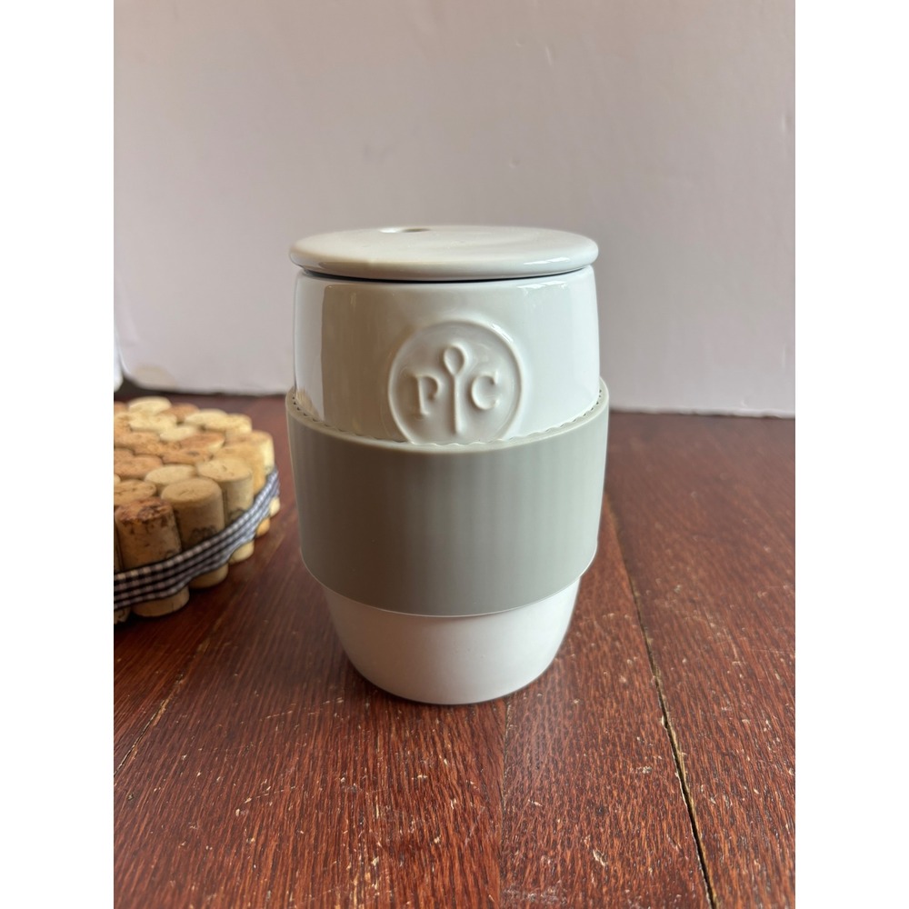 Pampered Chef Ceramic Travel Mug White Grey Silicone Sleeve Coffee Cup 21B Logo